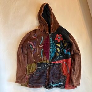 Rising International Patchwork Zip Up Hoodie Brown Boho Floral Embroidered L